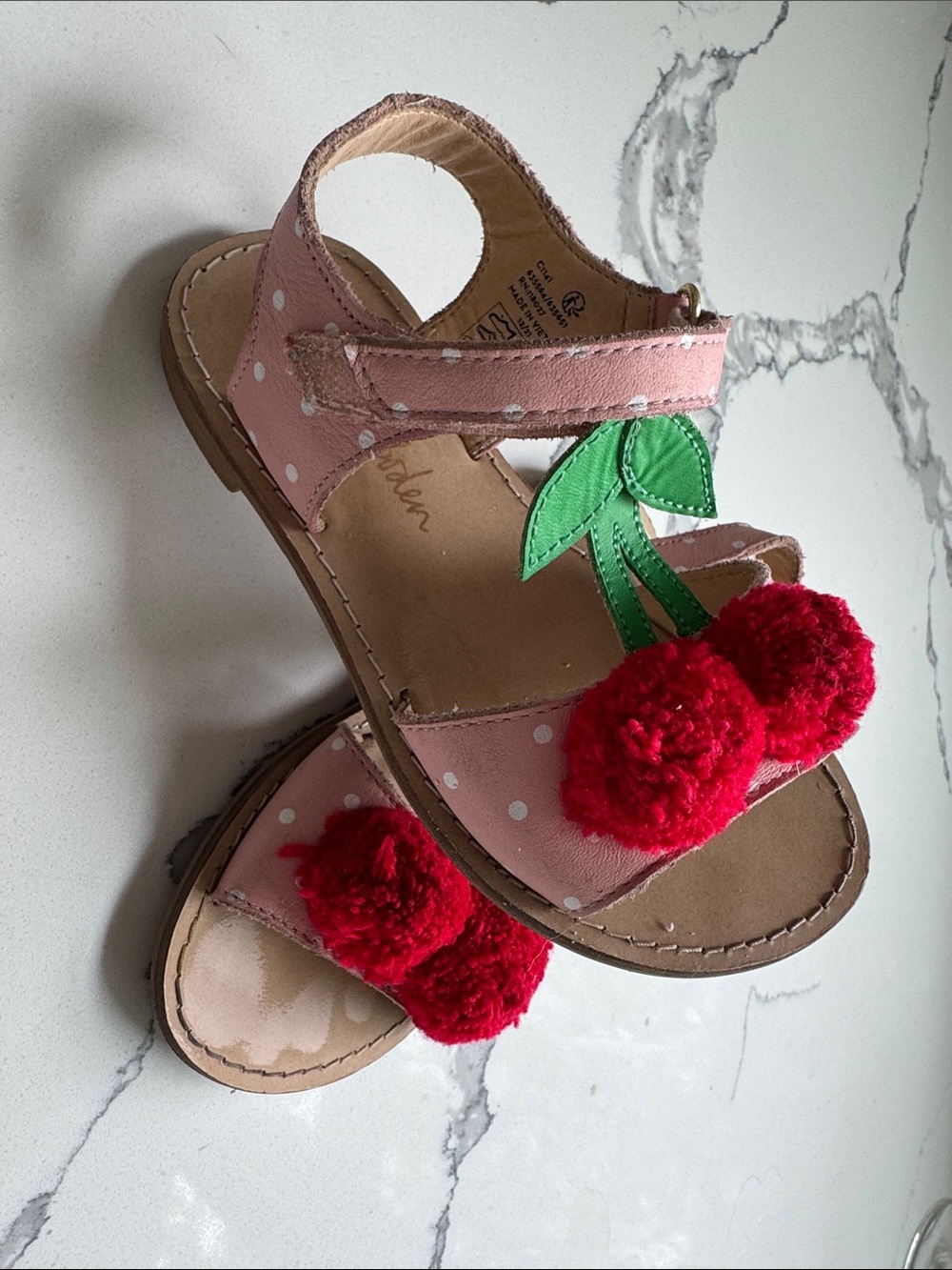Mini Boden Pink Polka Dot Sandals with Red Pom Pom Cherries
